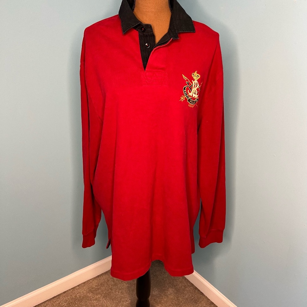 Polo Ralph Lauren Red with Black Collar Rugby Shirt Crown and Crest Patch Large